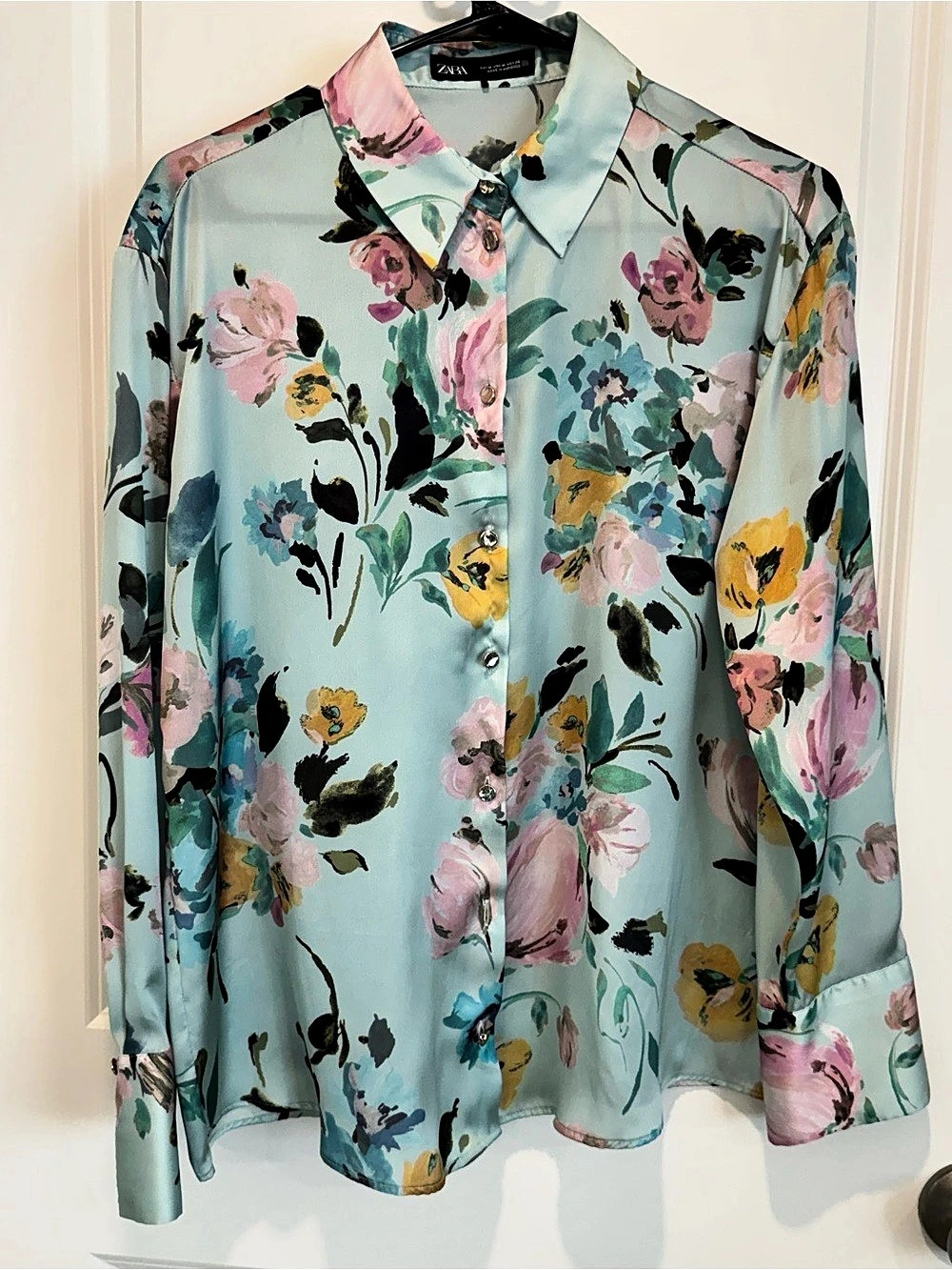 Zara Floral Print Satin Shirt Green & Pink Size Medium